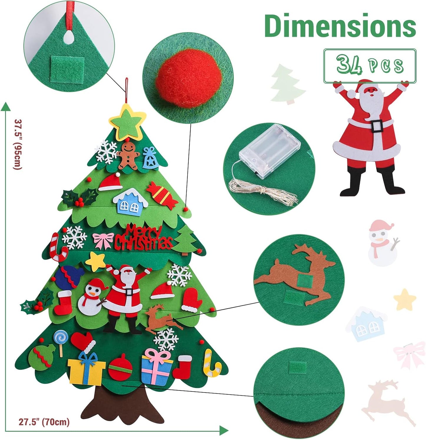 Childrens Felt Christmas Tree, 3.28ft Kids/Toddlers DIY Felt Christmas Tree Set, Wall Hanging Felt Xmas Christmas Tree Decorations Kits With 32Pcs Ornaments, Home Door Window Christmas Decoration Kit