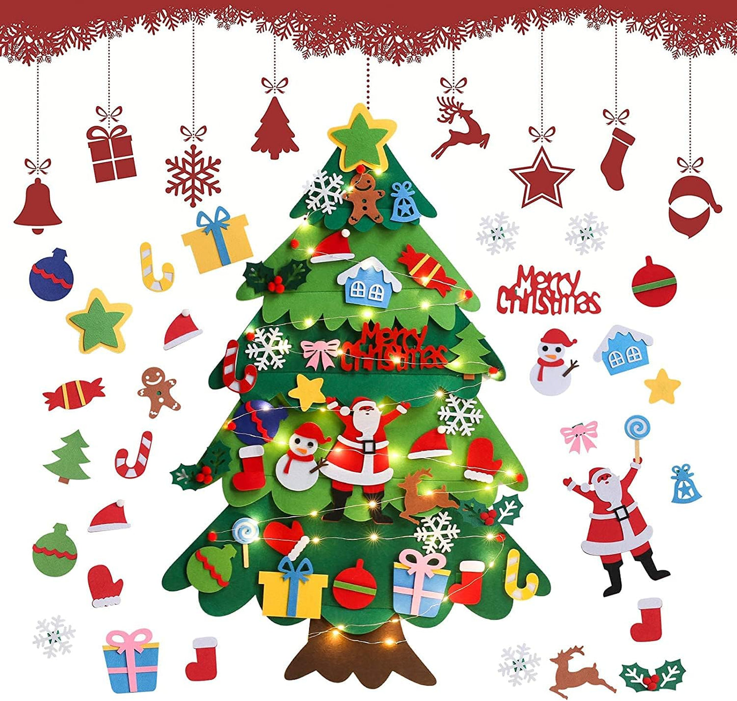 Childrens Felt Christmas Tree, 3.28ft Kids/Toddlers DIY Felt Christmas Tree Set, Wall Hanging Felt Xmas Christmas Tree Decorations Kits With 32Pcs Ornaments, Home Door Window Christmas Decoration Kit